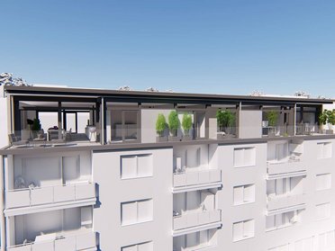 Modernes Design einer Aufstockung mit Balkon und Pflanzen