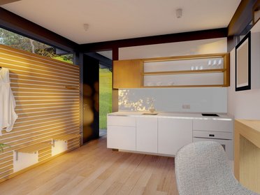 Modernes minimalistisches Innendesign einer Küche Helle, stilvolle Küche mit Holz-Elementen und natürlichem Licht