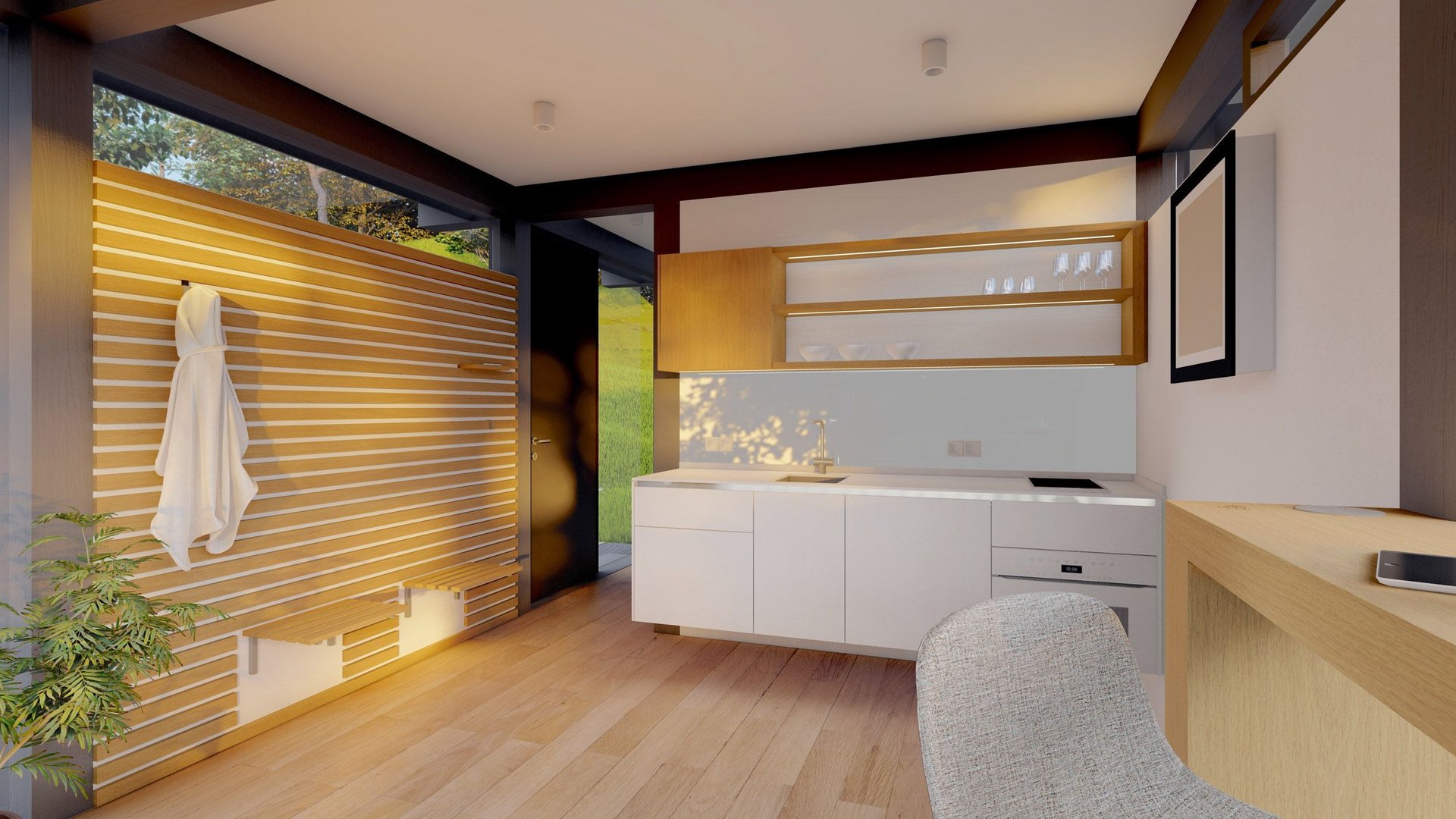 Modernes minimalistisches Innendesign einer Küche Helle, stilvolle Küche mit Holz-Elementen und natürlichem Licht