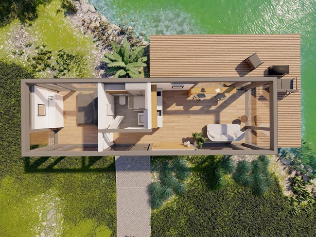 Moderne Architektur eines kleinen Hauses am Wasser Luftaufnahme eines modernen Hauses mit Terrasse und Blick auf Wasser