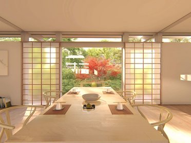 Helles Esszimmer mit Blick in den Garten, Fachwerkdesign