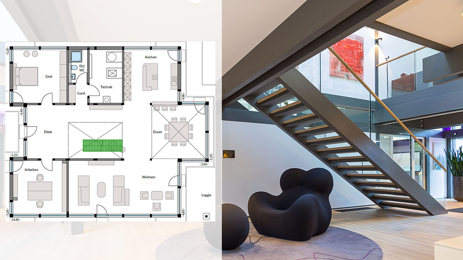 Ein moderner Wohnraum mit Treppe und Grundrissansicht
