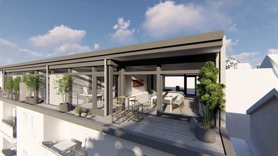 Moderne Aufstockung auf HUF Bestandshaus Architekturvisualisierung einer modernen Aufstockung mit Terrasse