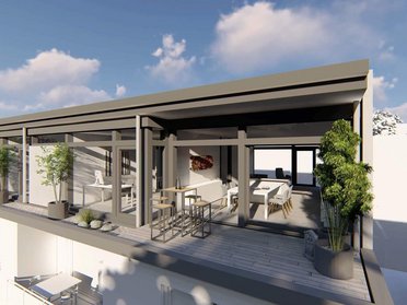 Architekturvisualisierung einer modernen Aufstockung mit Terrasse