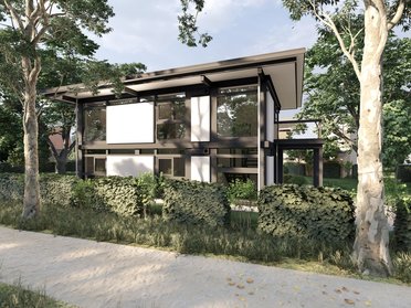 Moderne Visualisierung eines Mehrfamilienhauses HUF Architektonische Darstellung eines HUF Mehrfamilienhauses in der Natur