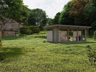 Einblick in moderne Bauweise umgeben von üppigem Grün und Bäumen