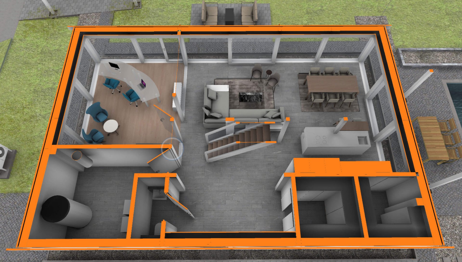 Architekturdesign eines Hauses mit Wohnzimmer, Küche und Essbereich