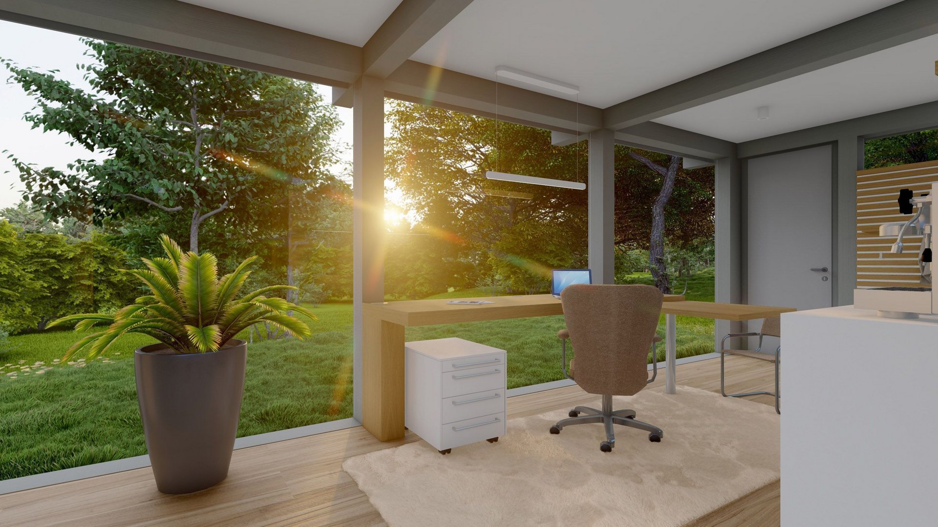 Helles Arbeitszimmer mit Pflanzen und Naturblick bei Sonnenuntergang