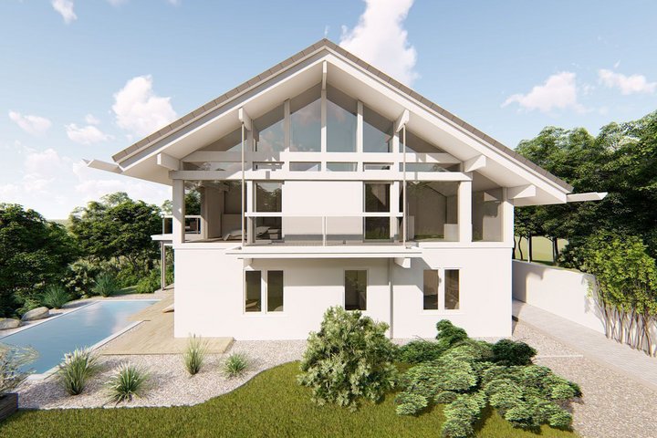 Modern house with large windows and garden Exterior view of a contemporary home surrounded by greenery