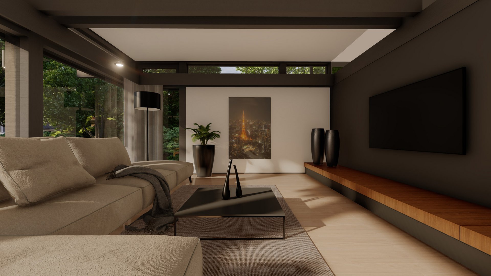 Gemütliches Wohnzimmer mit moderner Einrichtung und Aussicht