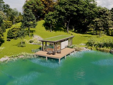 Moderne Gartenlaube am Wasser in der Natur Ein Blick auf eine stilvolle Gartenlaube umgeben von Bäumen und Wasser