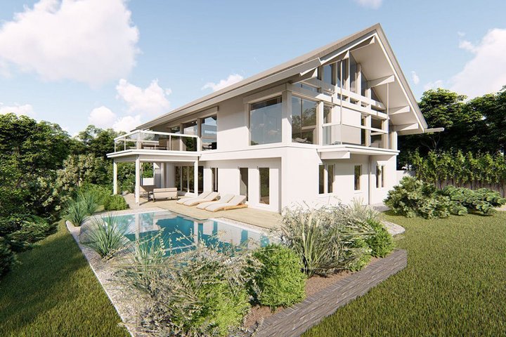 Ansicht einer modernen Villa mit Pool und Gartenlandschaft