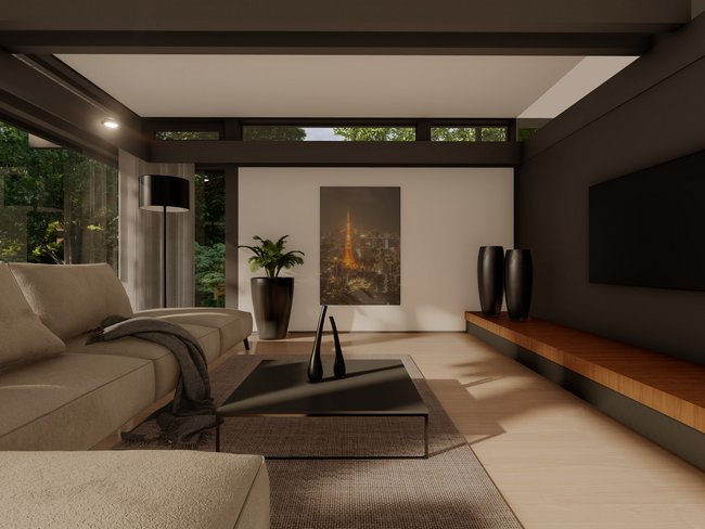 Gemütliches Wohnzimmer mit moderner Einrichtung und Kunstwerk