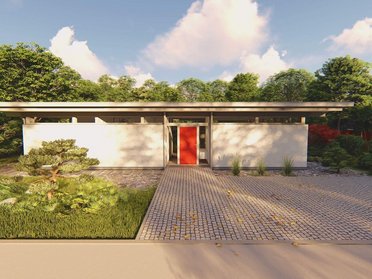 Modernes Atriumhaus mit Fachwerk und roter Eingangstür