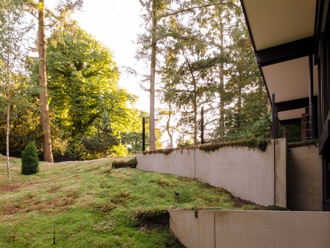Moderner HUF Bungalow im Grünen Ansicht eines modernen Bungalows umgeben von Bäumen und Natur