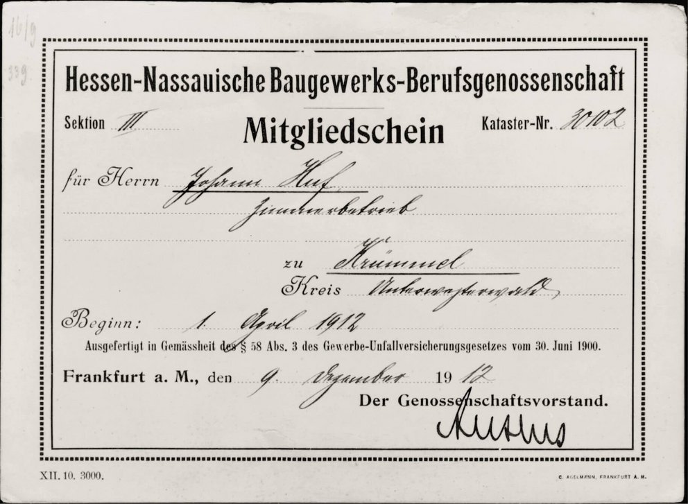 Mitgliedsschein der Hessen-Nassauischen Bauwerks-Berufsgenossenschaft Mitgliedsausweis von 1913 für Herrn Stephan Abel, Frankfurt am Main