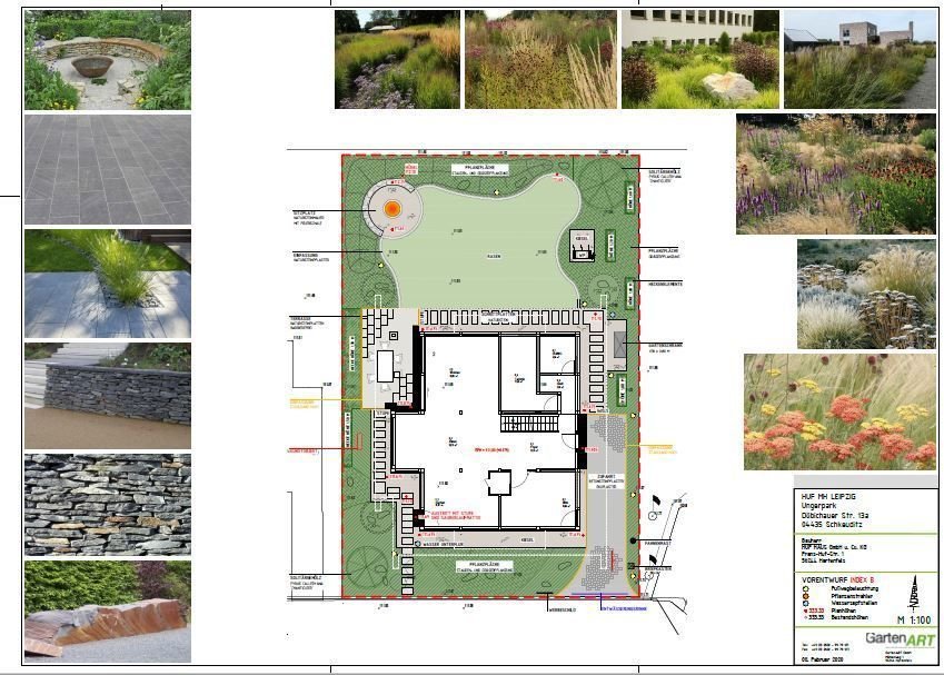 Gartenlayout mit Pflanzenbildern und Detailplan von außen.