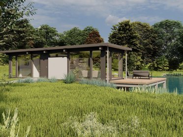 Moderne Gartenhaus am Wasser Ästhetisches Gartenhaus mit Blick auf den Teich und umgeben von Natur