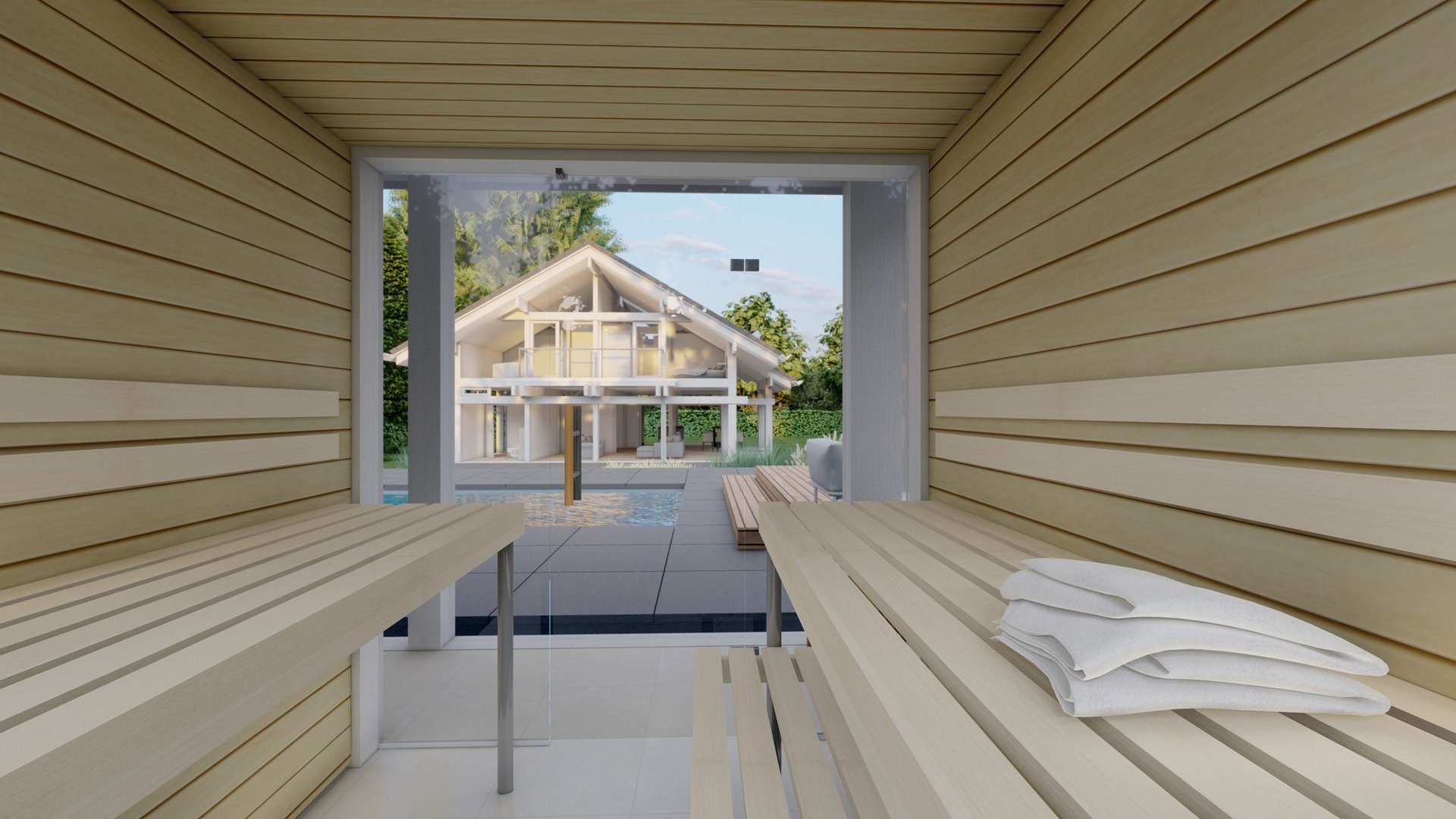Interior of a sauna with wooden benches and a view outside