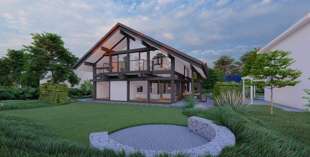Elegantes Haus mit Glasfront und gepflegtem Garten