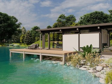 Moderne Architektur am Seeufer Ein stilvolles Haus am Wasser mit schöner Naturumgebung