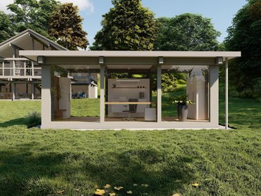 Ein modernes Gartenhaus in einer grünen Landschaft mit Bäumen.