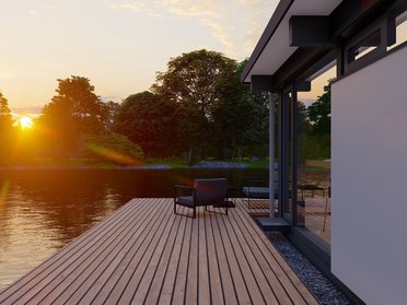 Moderne Terrasse am Wasser bei Sonnenuntergang Entspannende Aussicht auf Wasser und Bäume bei Sonnenuntergang