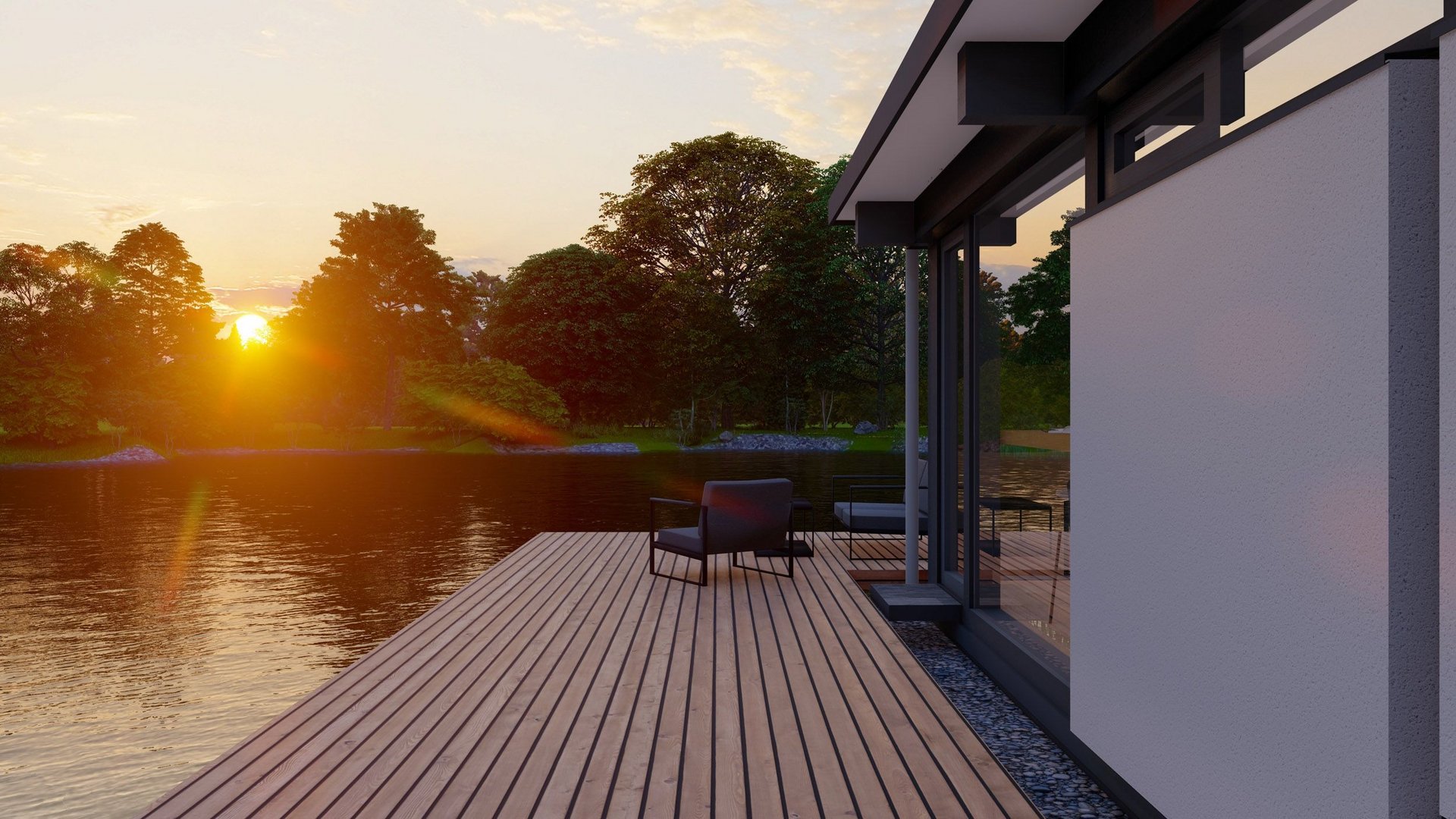 Moderne Terrasse am Wasser bei Sonnenuntergang Entspannende Aussicht auf Wasser und Bäume bei Sonnenuntergang