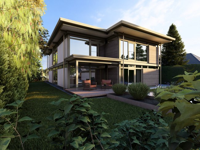 Modernes Architektenhaus in idyllischer Umgebung Visualisierung eines modernen Traumhauses mit Garten