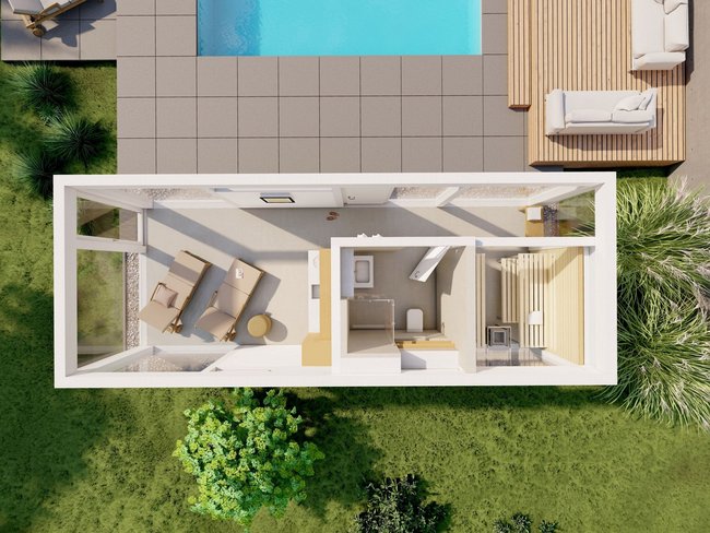 Moderne Architektur mit Wohnraum und Schwimmbad im Freien