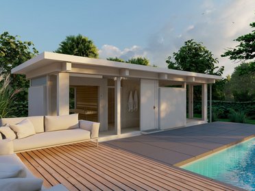 Architektonisches Design eines Poolhauses mit Terrasse und Garten