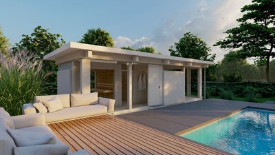 Architektonisches Design eines Poolhauses mit Terrasse und Garten