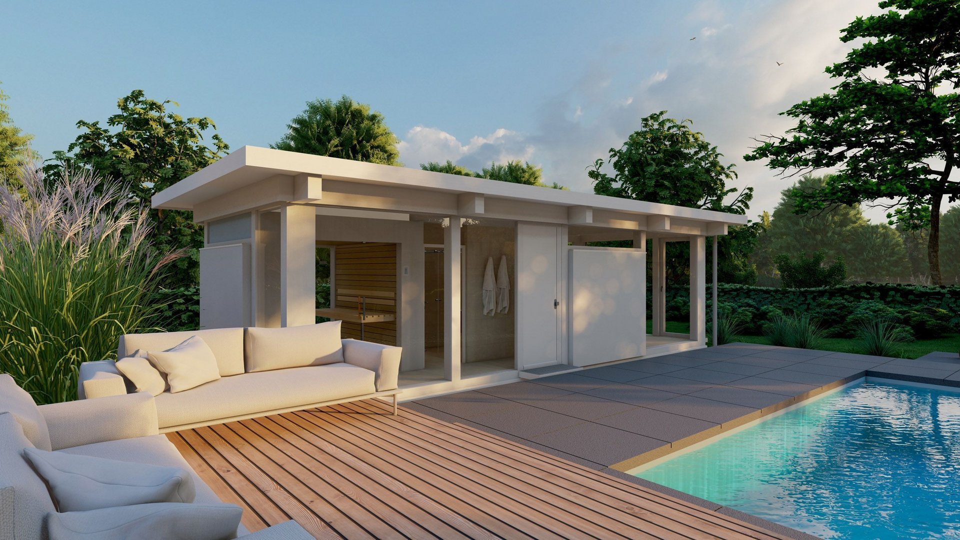 Architektonisches Design eines Poolhauses mit Terrasse und Garten
