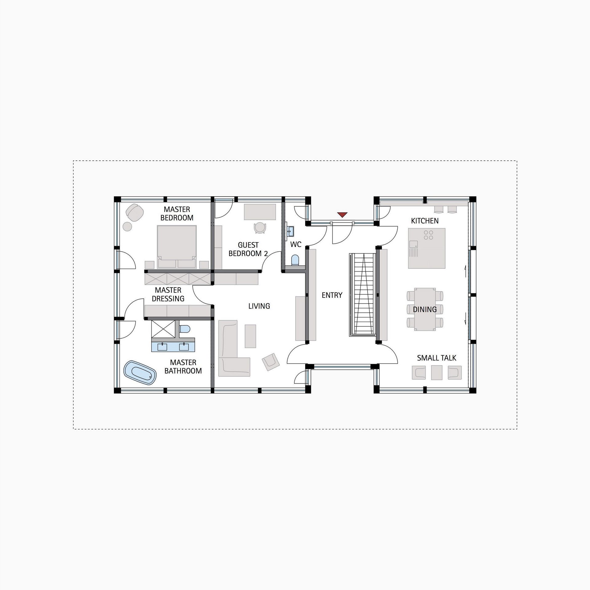 Haus Grundriss mit Schlafzimmer und Küche Ein schematischer Grundriss eines Hauses mit verschiedenen Räumen und Eingängen