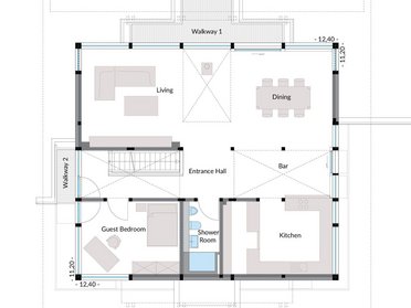 Plan eines HUF Hauses mit Wohnbereichen und Küche