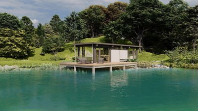 Futuristische Hütte auf einem Steg am klaren Wasser umgeben von Bäumen