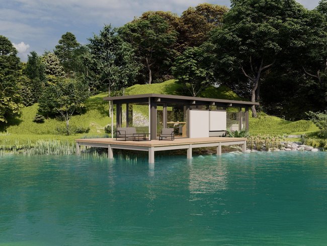 Moderne Hütte am Wasser in der Natur Futuristische Hütte auf einem Steg am klaren Wasser umgeben von Bäumen