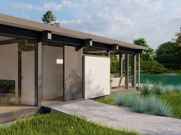 Moderne Architektur in natürlicher Umgebung Stylisches Haus mit Glasfront und grünem Außenbereich