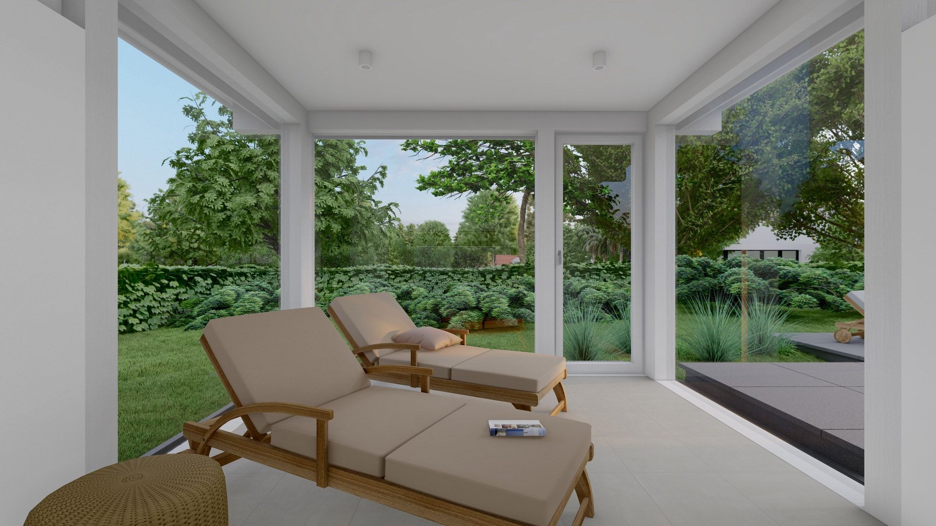 Entspannte Sitzgelegenheiten mit Ausblick auf den grünen Garten