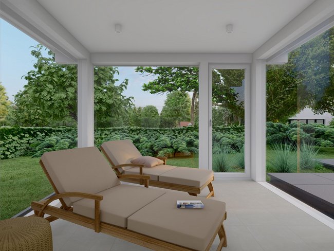 Entspannte Sitzgelegenheiten mit Ausblick auf den grünen Garten