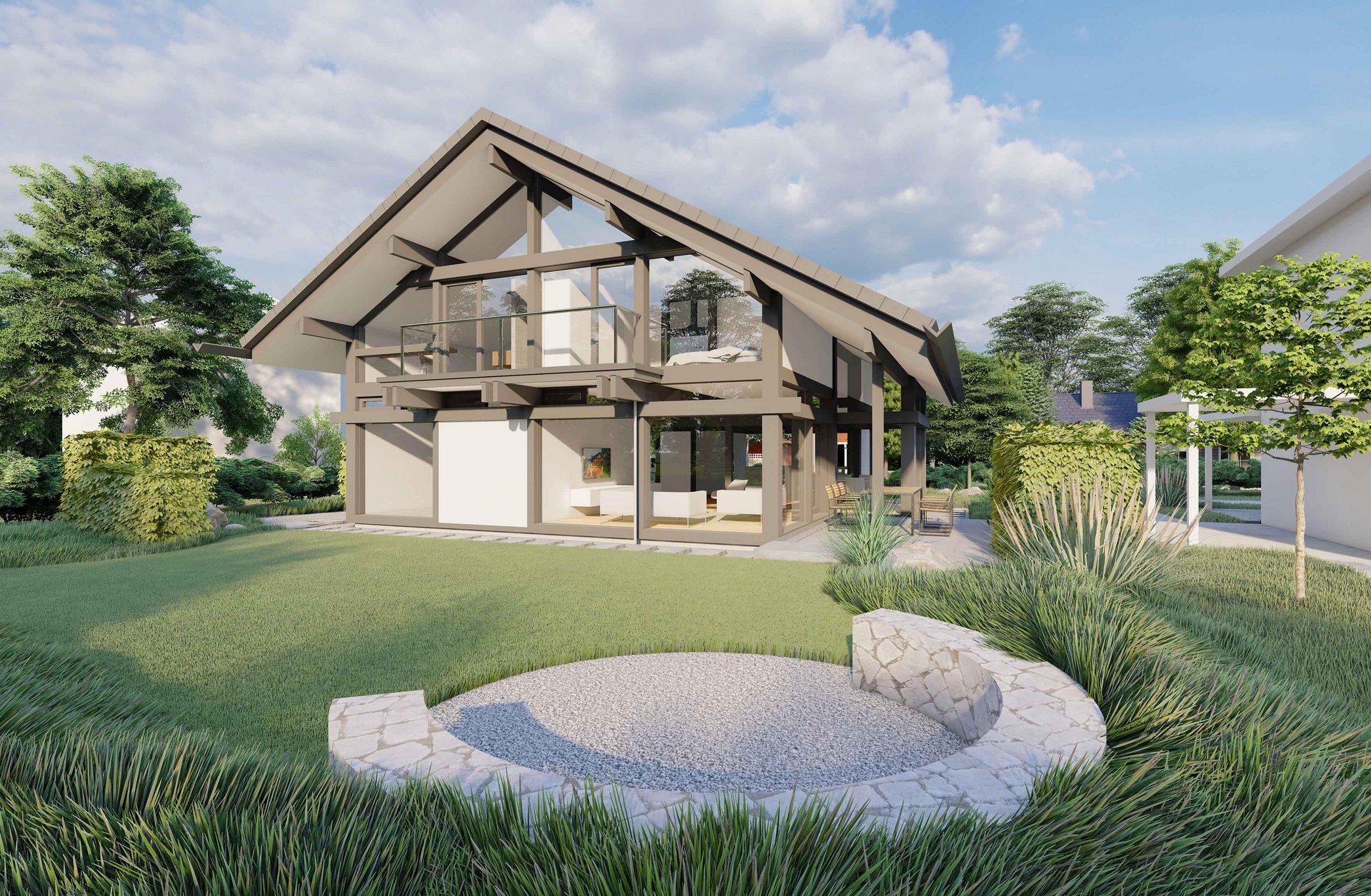 Moderne HUF HAUS Architektur in einer grünen Umgebung