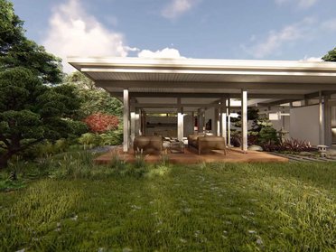 Moderne Architektur des Atriumhauses in entspannter Gartenumgebung