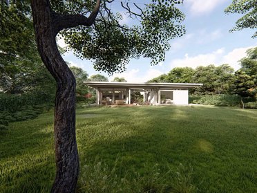 Moderne Architektur mit großflächigen Fensterfronten und Gartenlandschaft