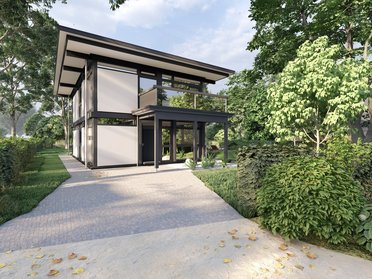 Visualisierung Mehrfamilienhaus HUF Moderne Architektur eines Mehrfamilienhauses umgeben von Natur