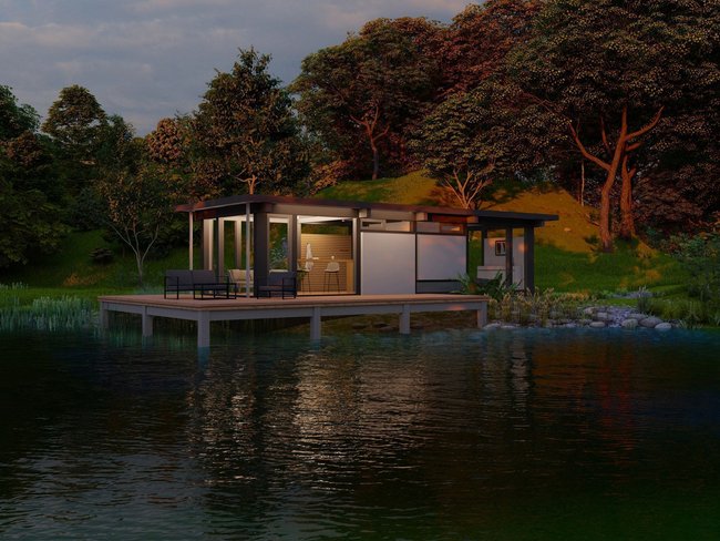 Moderne Holzhütte am Wasser mit schöner Umgebung Idyllische Hütte auf Pfählen in ruhiger Naturlandschaft