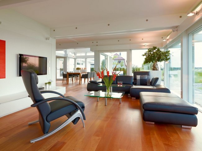 Modernes Fachwerkhaus Innenansicht mit eleganten Möbeln Stylische Wohnlandschaft aus Leder mit Pflanzen und TV im Raum