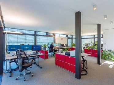 Helle und offene Arbeitsplätze mit PC- und Pflanzendekoration