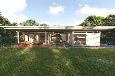 Stylisches Haus mit offener Terrasse und Gartenlandschaft