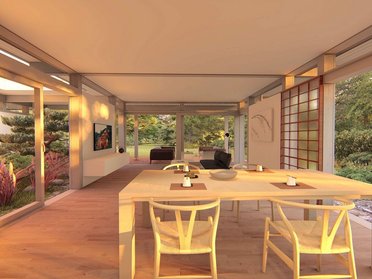 Moderne Essbereich mit Holztisch und Blick in den Garten