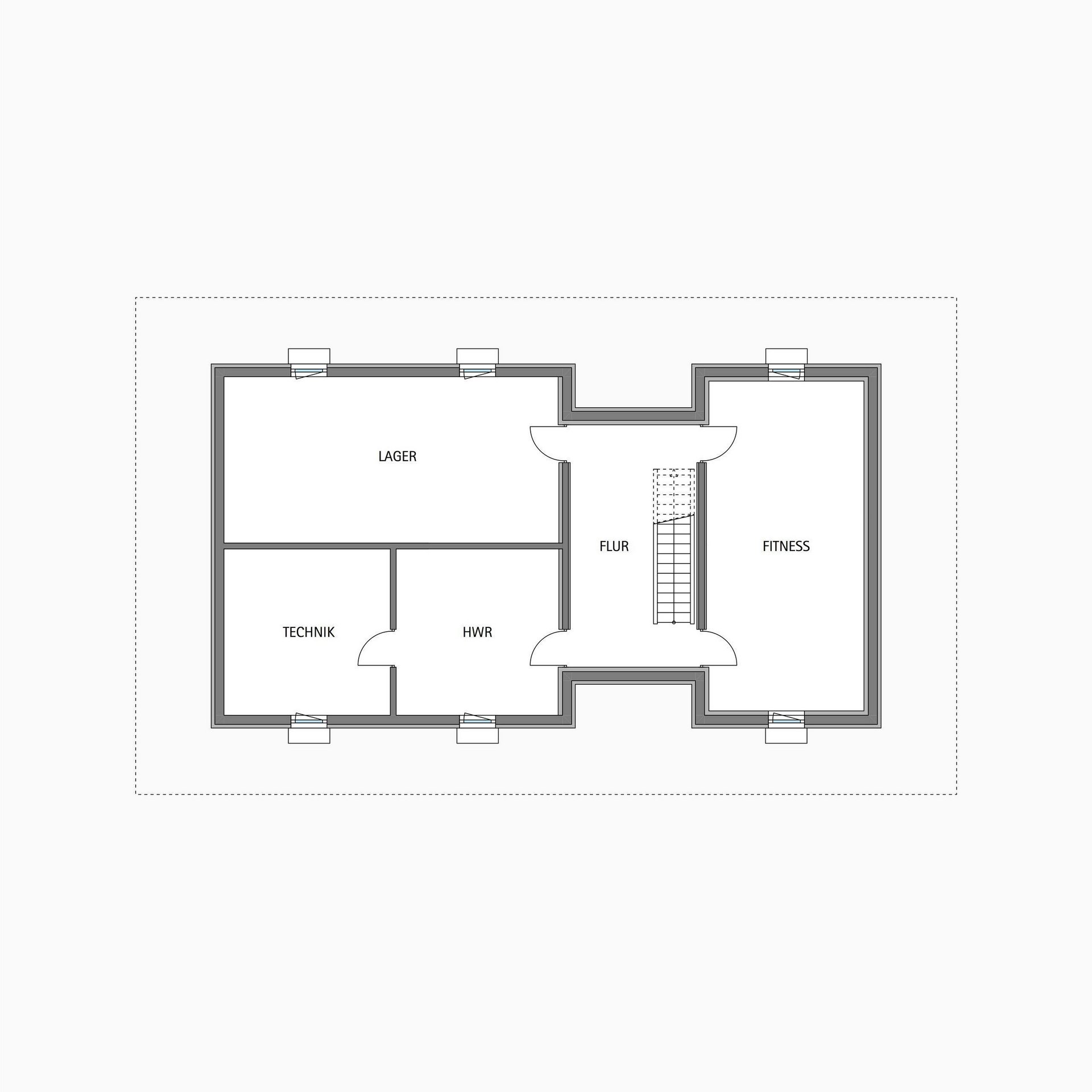 Visualisierung eines Grundrisses mit Räumen für Lager, Technik und Fitness